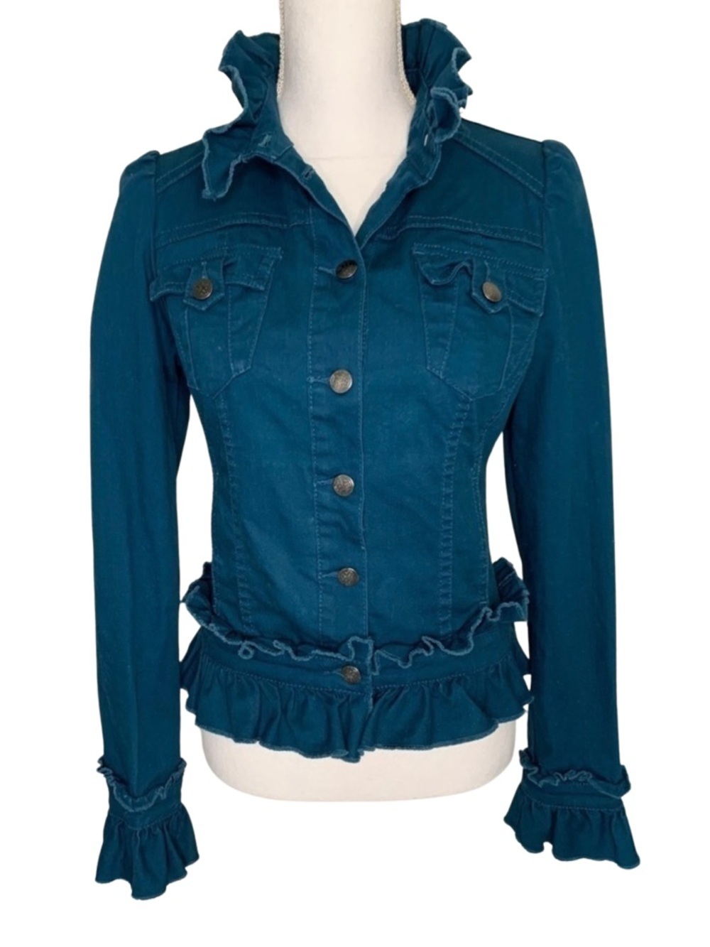 INC International Concepts Jean Jacket Women Ruffle Size XS Cotton Blend